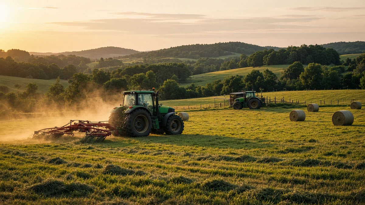 Tractor working a cut hay field