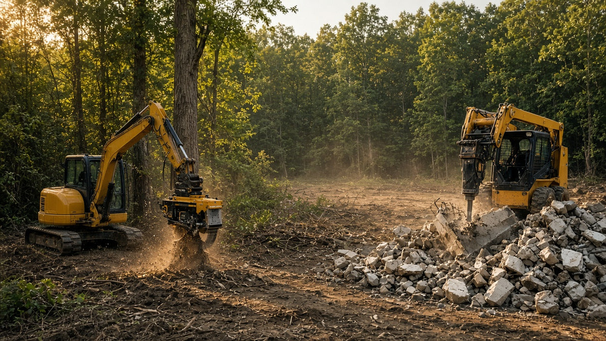 Tree saw and hydraulic hammer on a clearing jobsite